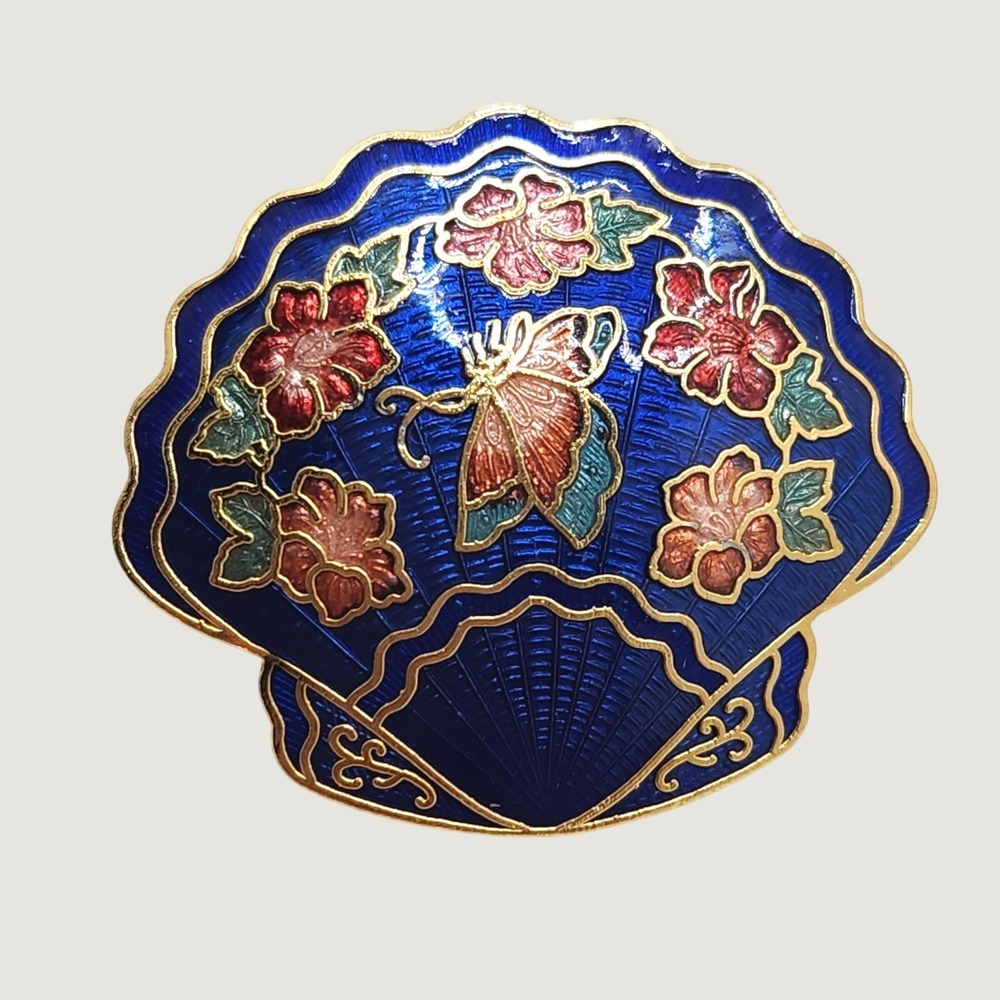 Vintage Cloisonne Enamel Blue Shell Fan Scarf Clip Butterfly Floral Cottagecore